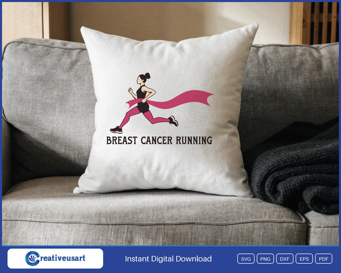 Breast Cancer Running with a runner crossing a pink ribbon finish line SVG design on a white throw pillow