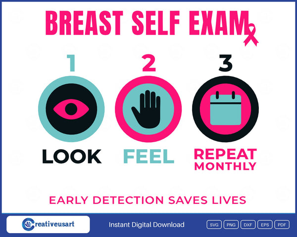 Breast Self Exam steps Look, Feel, Repeat Monthly, with Early Detection Saves Lives SVG cut file design