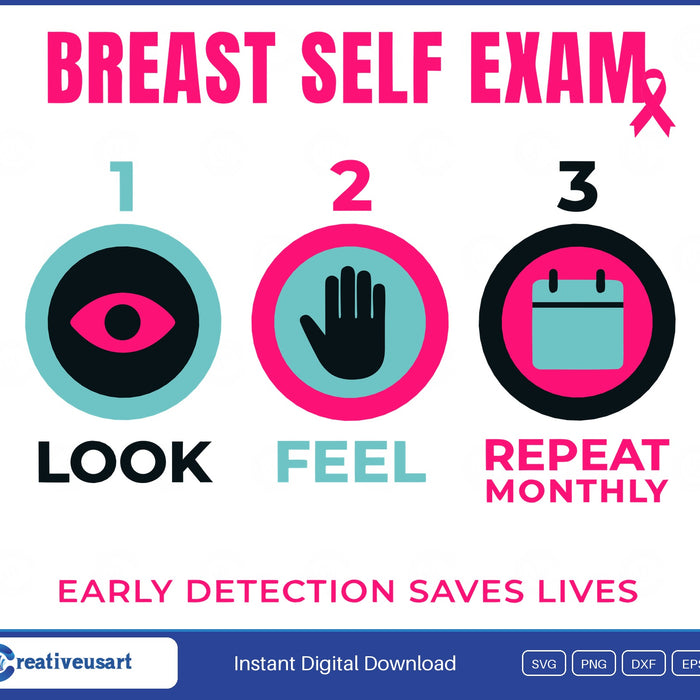 Breast Self Exam steps Look, Feel, Repeat Monthly, with Early Detection Saves Lives SVG cut file design