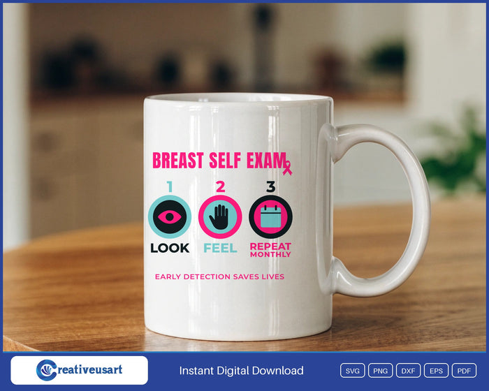Breast Self Exam steps Look, Feel, Repeat Monthly, with Early Detection Saves Lives design on a white coffee mug