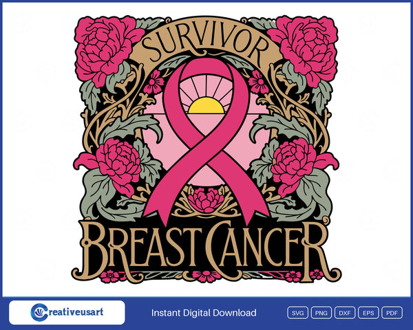 Breast Cancer Survivor, a pink ribbon on a sunrise panel framed by roses in art nouveau style SVG design on a white background