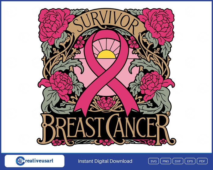 Breast Cancer Survivor, a pink ribbon on a sunrise panel framed by roses in art nouveau style SVG design on a white background