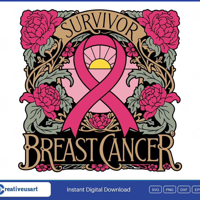Breast Cancer Survivor, a pink ribbon on a sunrise panel framed by roses in art nouveau style SVG design on a white background