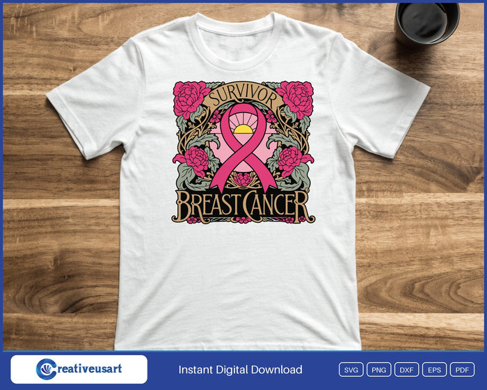 Breast Cancer Survivor art nouveau pink ribbon framed by roses SVG printed on a white t-shirt