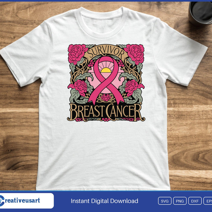 An art nouveau style pink ribbon framed by roses, with the words Survivor and Breast Cancer, on a white t-shirt