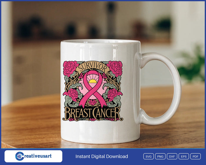 Breast Cancer Survivor art nouveau pink ribbon framed by roses SVG design on a white coffee mug