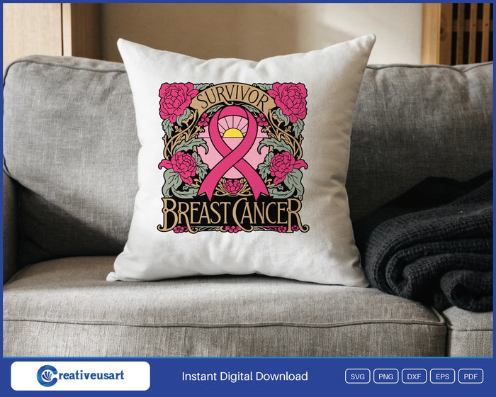 Breast Cancer Survivor art nouveau pink ribbon framed by roses SVG design on a white throw pillow