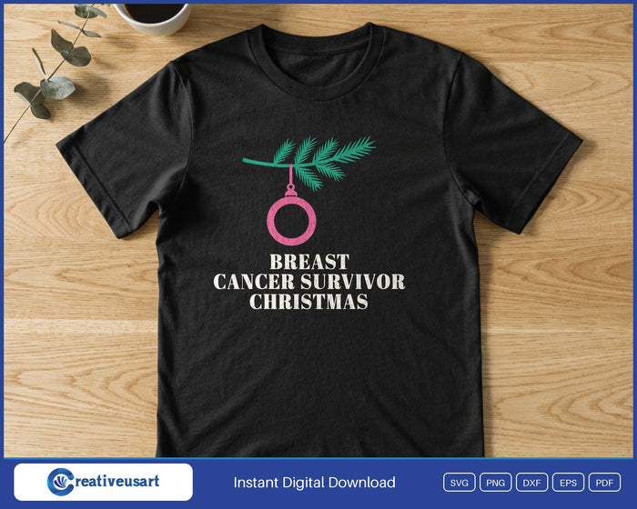 Breast Cancer Survivor Christmas with a pink ribbon ornament on a pine branch SVG printed on a black t-shirt