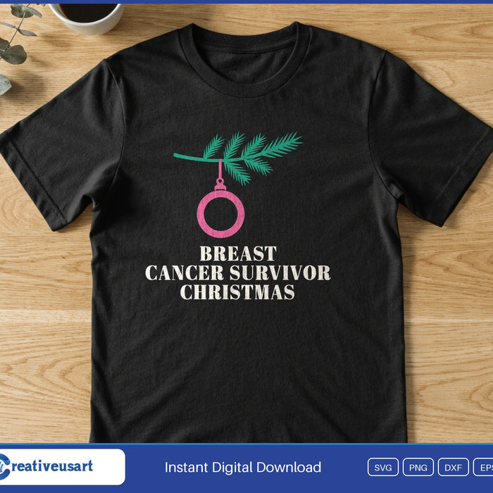A pink ornament hanging from a pine branch, above the words Breast Cancer Survivor Christmas, on a black t-shirt