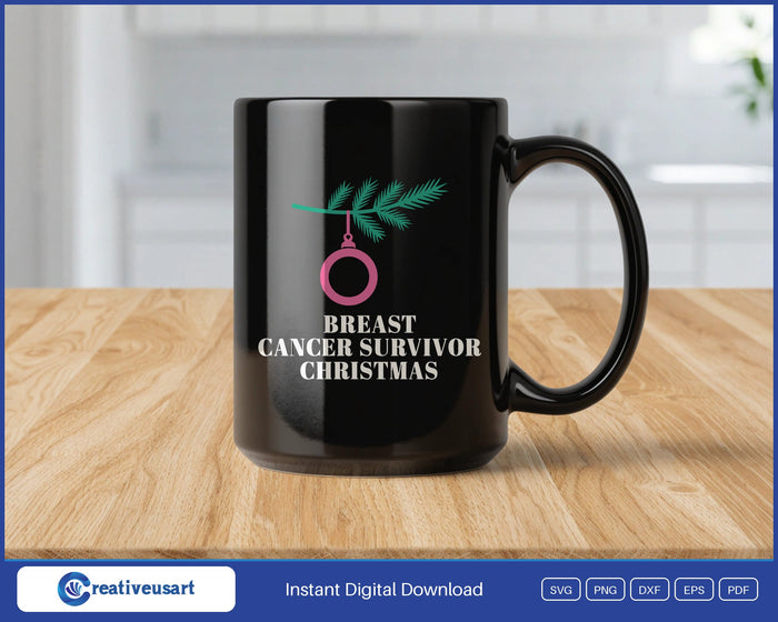 Breast Cancer Survivor Christmas with a pink ribbon ornament on a pine branch SVG design on a black coffee mug