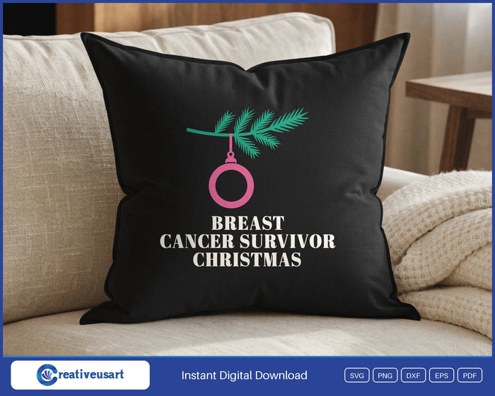 Breast Cancer Survivor Christmas with a pink ribbon ornament on a pine branch SVG design on a black throw pillow