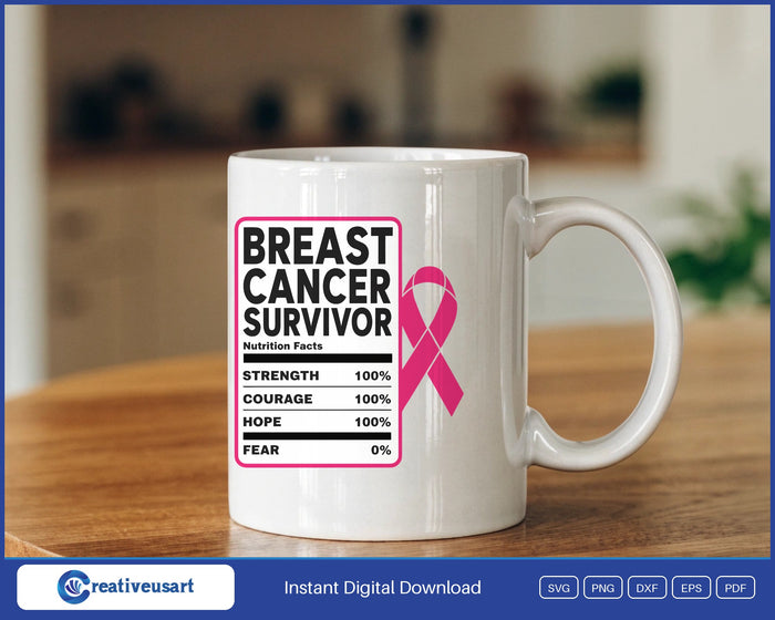 Breast Cancer Survivor Nutrition Facts SVG design on a mug