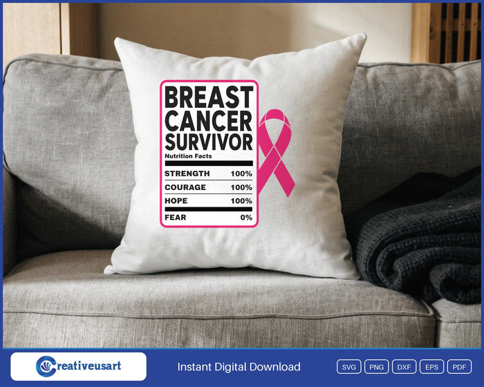 Breast Cancer Survivor Nutrition Facts SVG design on a throw pillow