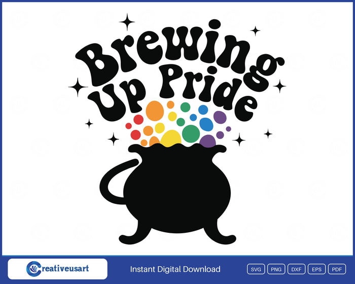 Brewing Up Pride rainbow cauldron Halloween SVG design on white background