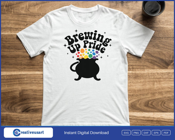 Brewing Up Pride rainbow cauldron Halloween SVG printed on a white t-shirt