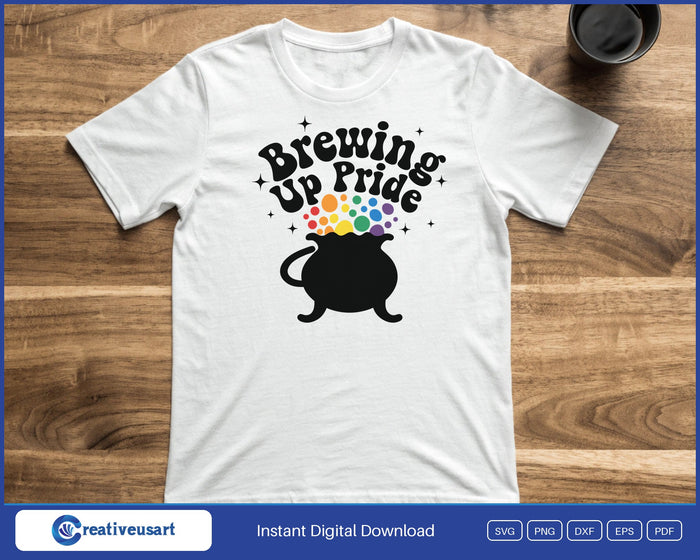 Brewing Up Pride rainbow cauldron Halloween SVG printed on a white t-shirt