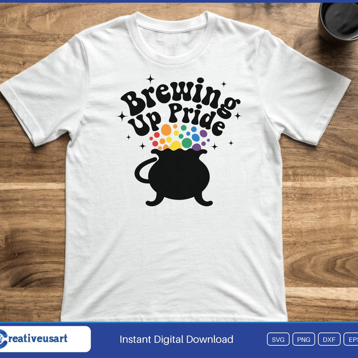 Brewing Up Pride rainbow cauldron Halloween SVG printed on a white t-shirt