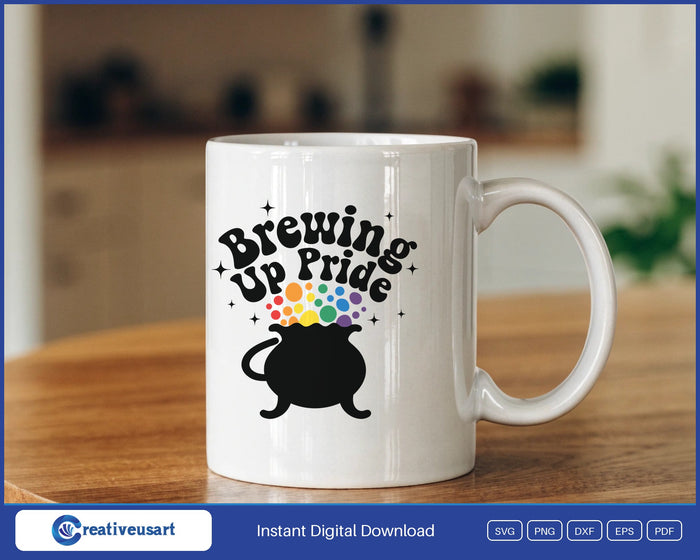 Brewing Up Pride rainbow cauldron Halloween SVG design on a white coffee mug