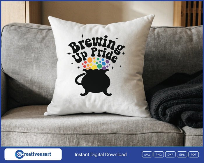 Brewing Up Pride rainbow cauldron Halloween SVG design on a white throw pillow