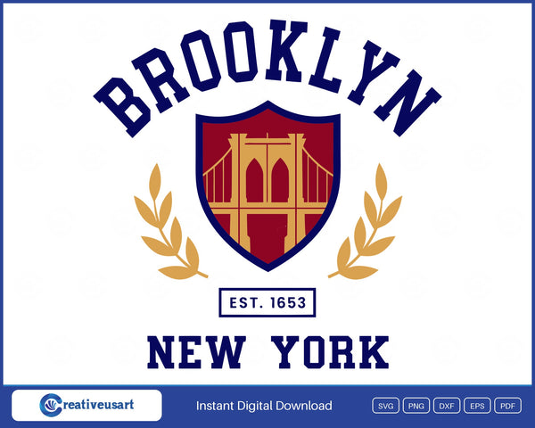 Brooklyn Bridge Vintage Sports Crest with a bridge inside a shield and a laurel wreath SVG design on a white background
