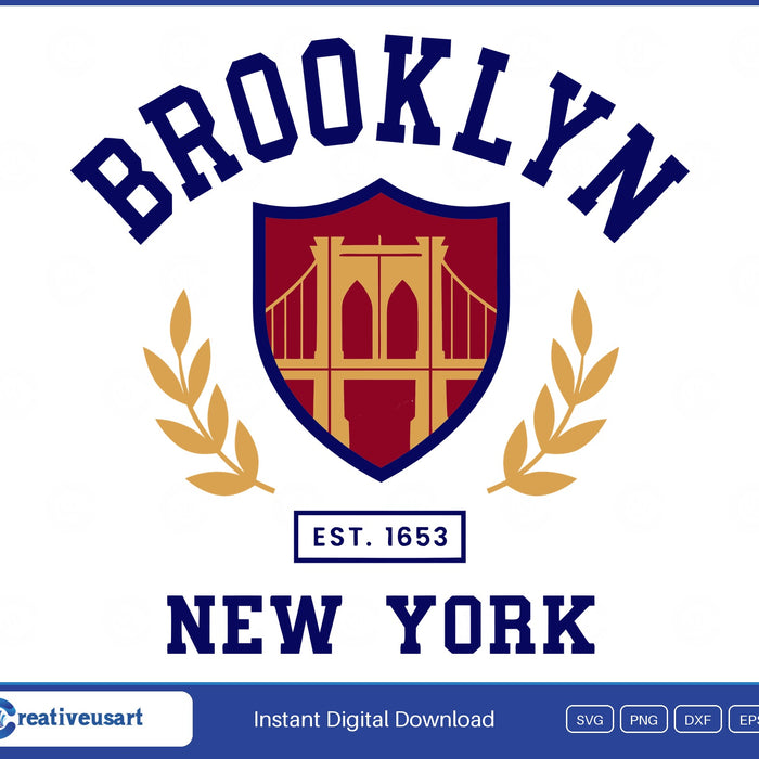 Brooklyn Bridge Vintage Sports Crest with a bridge inside a shield and a laurel wreath SVG design on a white background