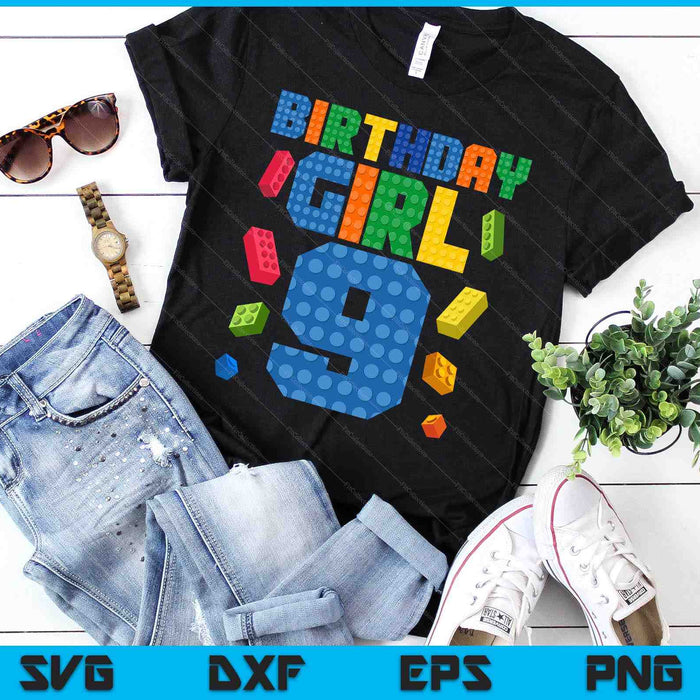 Building Bricks 9th Birthday Girl 9 Nine Year Master Builder SVG PNG Digital Cutting Files