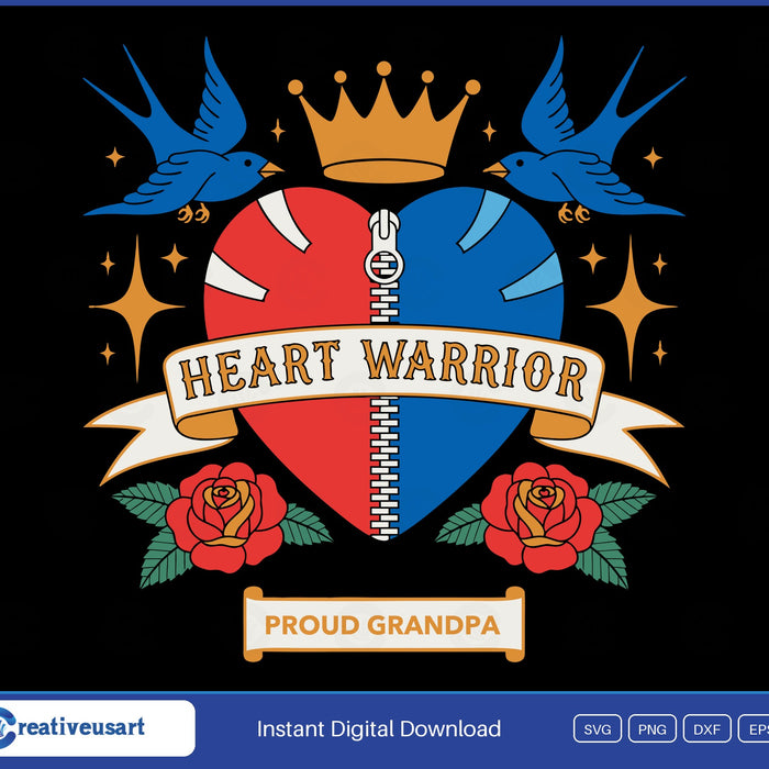 Heart Warrior Grandpa SVG, traditional tattoo heart split red and blue with a zipper scar and a Proud Grandpa banner