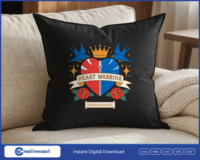 Heart Warrior Grandpa CHD awareness design on a black throw pillow