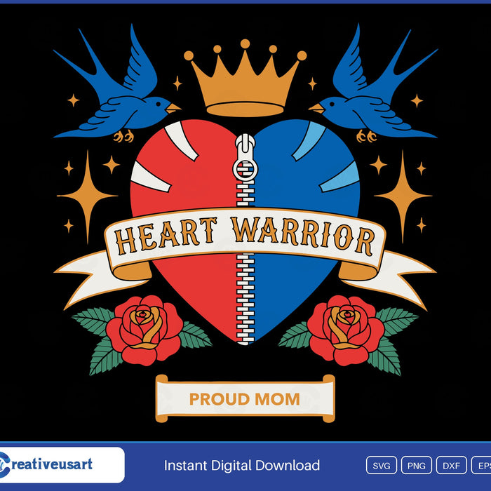 Heart Warrior Mom SVG, traditional tattoo heart split red and blue with a zipper scar and a Proud Mom banner