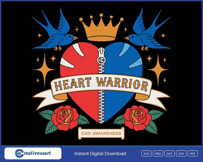 CHD Awareness Heart Warrior SVG, traditional tattoo heart split red and blue with a zipper scar, gold crown, swallows and roses