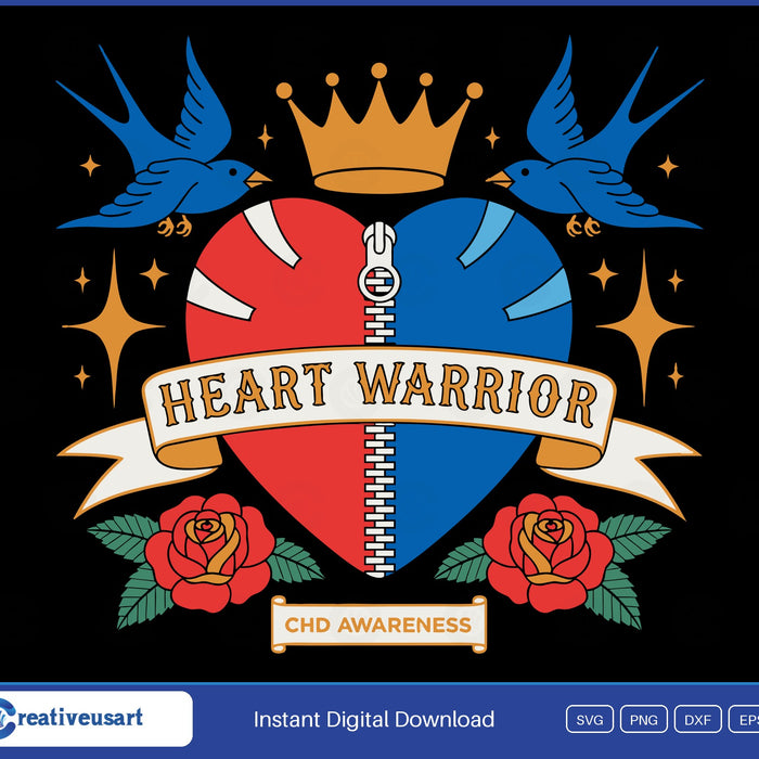 CHD Awareness Heart Warrior SVG, traditional tattoo heart split red and blue with a zipper scar, gold crown, swallows and roses