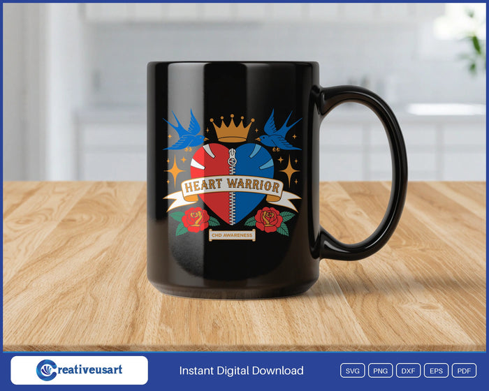 CHD Awareness Heart Warrior tattoo design on a black coffee mug
