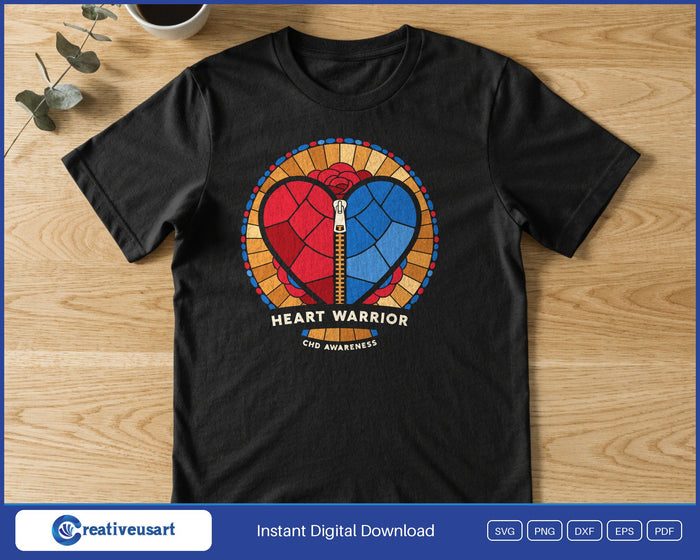 CHD Awareness Stained Glass Heart Warrior design printed on a black t-shirt