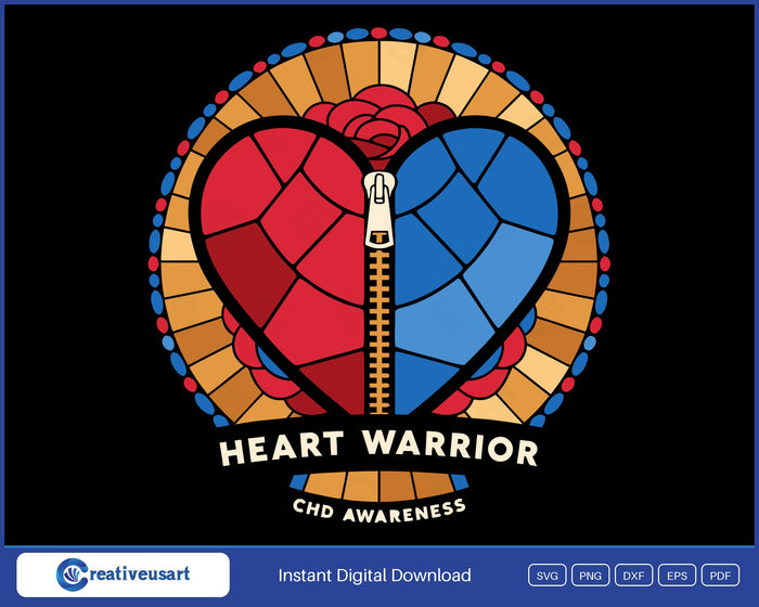 CHD Awareness Stained Glass Heart Warrior SVG, ruby and sapphire stained-glass heart with a gold zipper scar and a rose window border