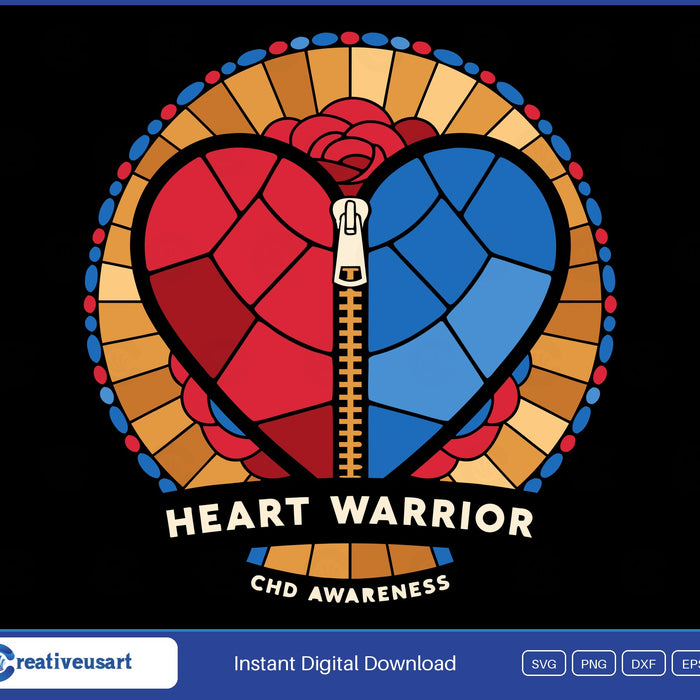 CHD Awareness Stained Glass Heart Warrior SVG, ruby and sapphire stained-glass heart with a gold zipper scar and a rose window border