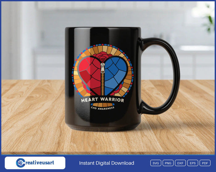 CHD Awareness Stained Glass Heart Warrior design on a black coffee mug