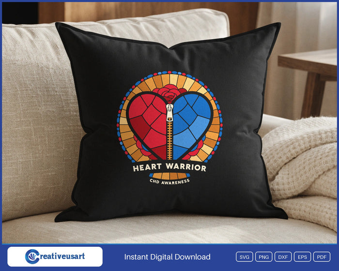 CHD Awareness Stained Glass Heart Warrior design on a black throw pillow