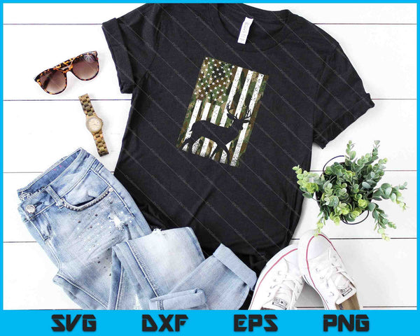 Camo Bandera de EE. UU. Ciervo Elk Buck Camoflage Caza SVG PNG Cortar archivos imprimibles - on a t-shirt
