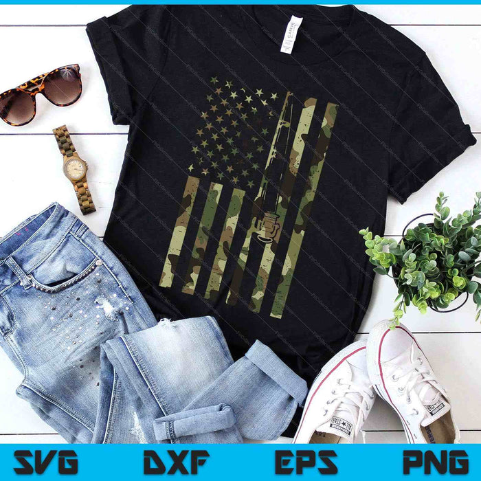 Camo Us Flag Fishing Rod Pole Vintage Patriotic Fisherman SVG PNG Digital Printable Files