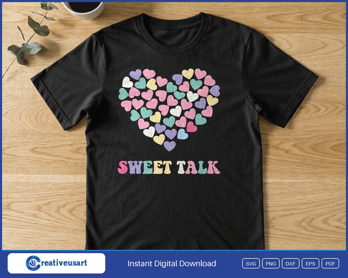 Sweet Talk candy heart mosaic design printed on a black t-shirt