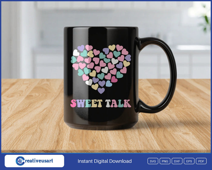 Sweet Talk candy heart mosaic design on a black coffee mug