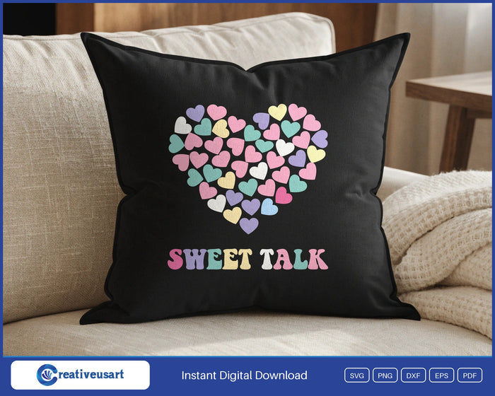 Sweet Talk candy heart mosaic design on a black throw pillow