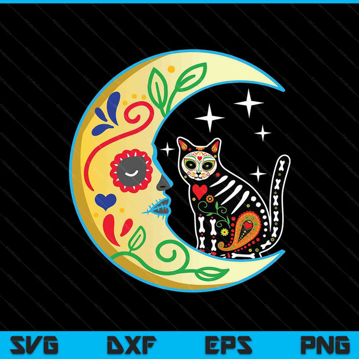 Cat & Moon Sugar Skull Dia De Los Muertos Day Of The Dead SVG PNG Digital Cutting Files