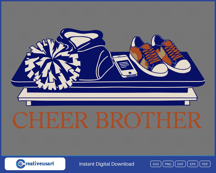 Cheer Brother with a pom pom, sneakers and a phone on a bleacher bench SVG design on a gray background