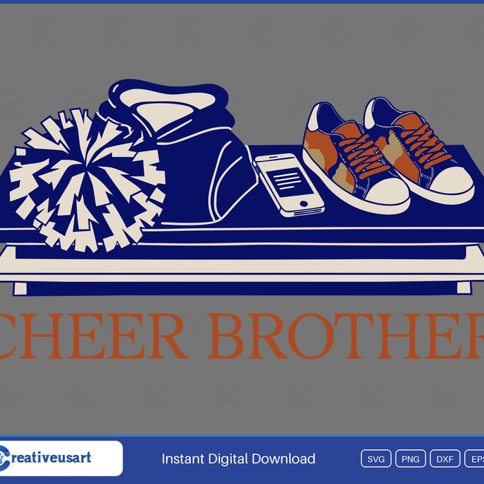 Cheer Brother with a pom pom, sneakers and a phone on a bleacher bench SVG design on a gray background