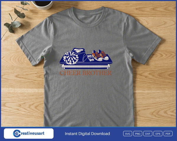 Cheer Brother with a pom pom, sneakers and a phone on a bleacher bench SVG printed on a gray t-shirt