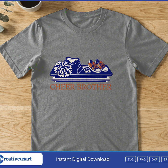A cheer shoe with pom poms, a bow and a phone above the words Cheer Brother, on a gray t-shirt