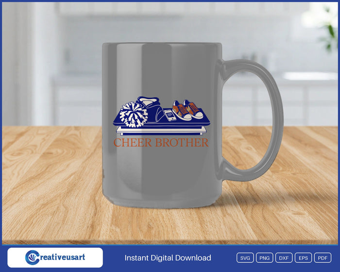 Cheer Brother with a pom pom, sneakers and a phone on a bleacher bench SVG design on a gray coffee mug
