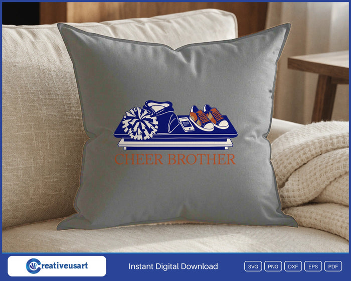 Cheer Brother with a pom pom, sneakers and a phone on a bleacher bench SVG design on a gray throw pillow