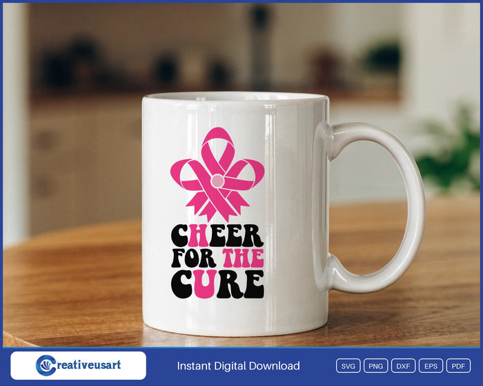 Cheer For The Cure with a pink ribbon shaped like a pom pom SVG design on a white coffee mug